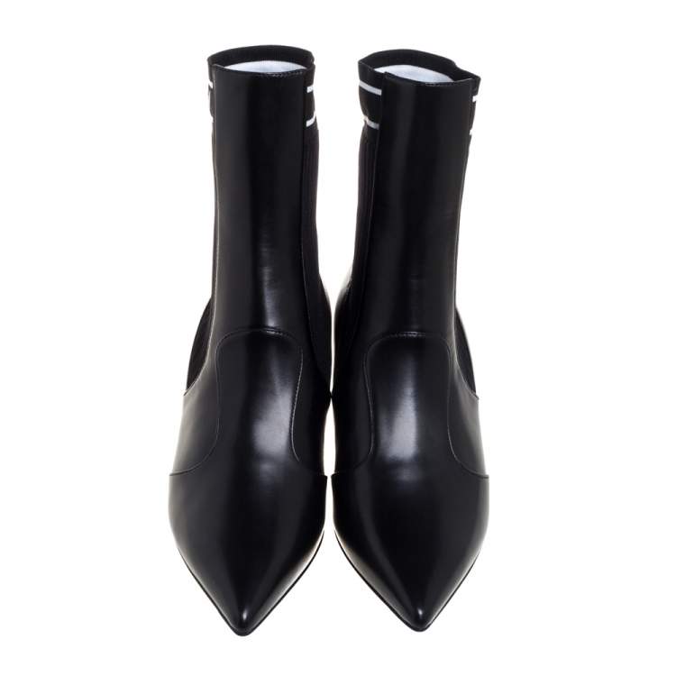 Pre Owned Fendi Black Leather And Knit Fabric Rockoko Pointed Toe Ankle Booties Size 37