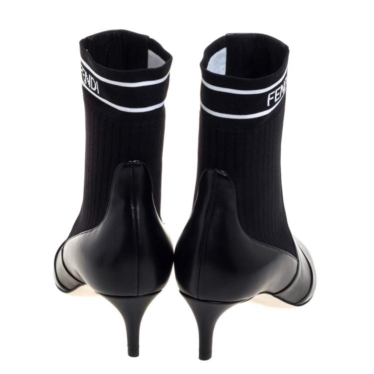 Pre Owned Fendi Black Leather And Knit Fabric Rockoko Pointed Toe Ankle Booties Size 37