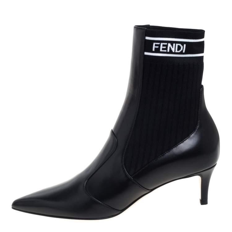 Pre Owned Fendi Black Leather And Knit Fabric Rockoko Pointed Toe Ankle Booties Size 37