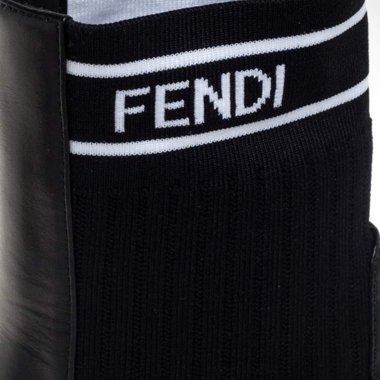 Pre Owned Fendi Black Leather And Knit Fabric Rockoko Pointed Toe Ankle Booties Size 37