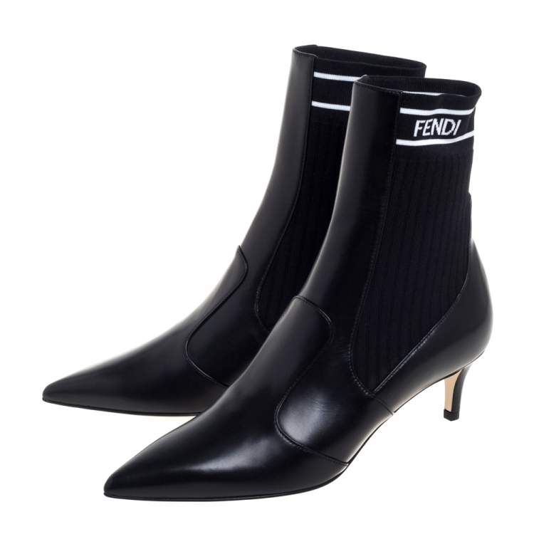 Pre Owned Fendi Black Leather And Knit Fabric Rockoko Pointed Toe Ankle Booties Size 37