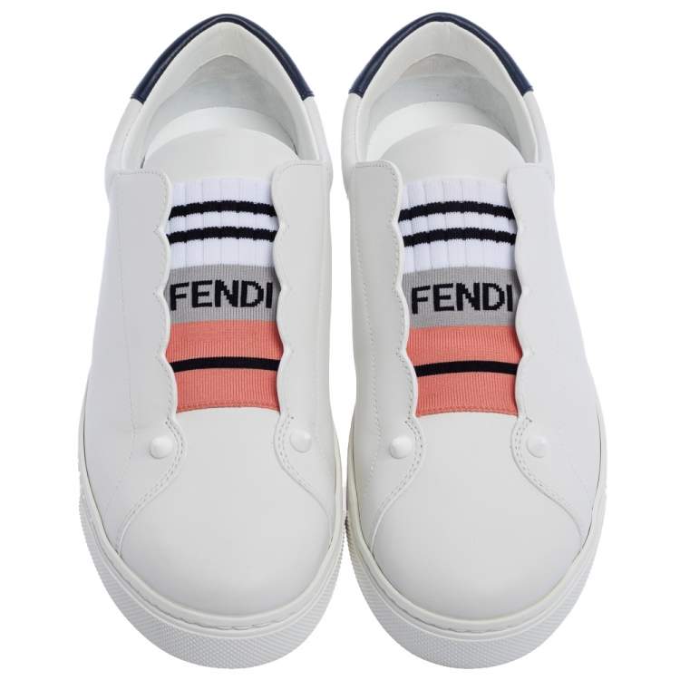 Pre Owned Fendi White Leather With Logo Knit Rockoko Scallop Detail Slip On Sneakers Size 40