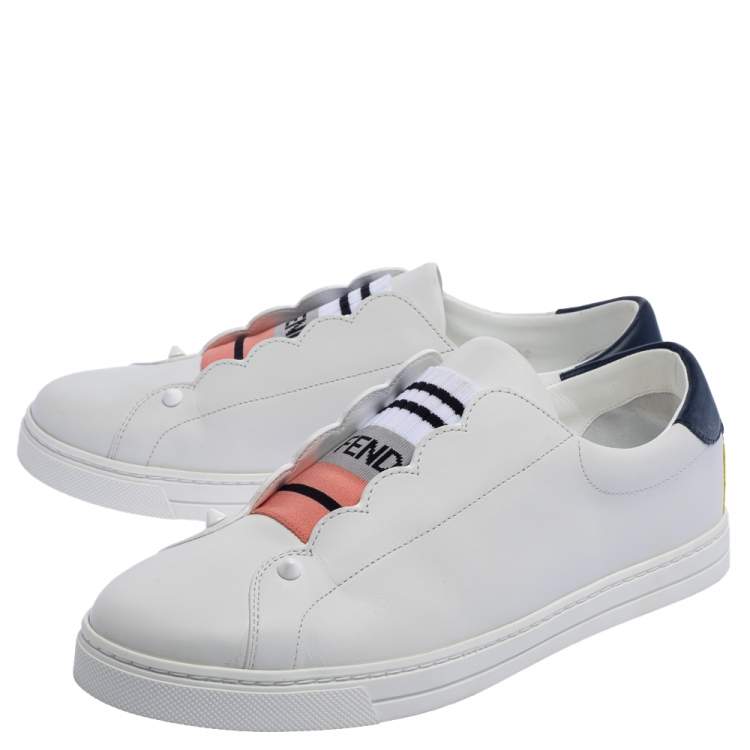 Pre Owned Fendi White Leather With Logo Knit Rockoko Scallop Detail Slip On Sneakers Size 40