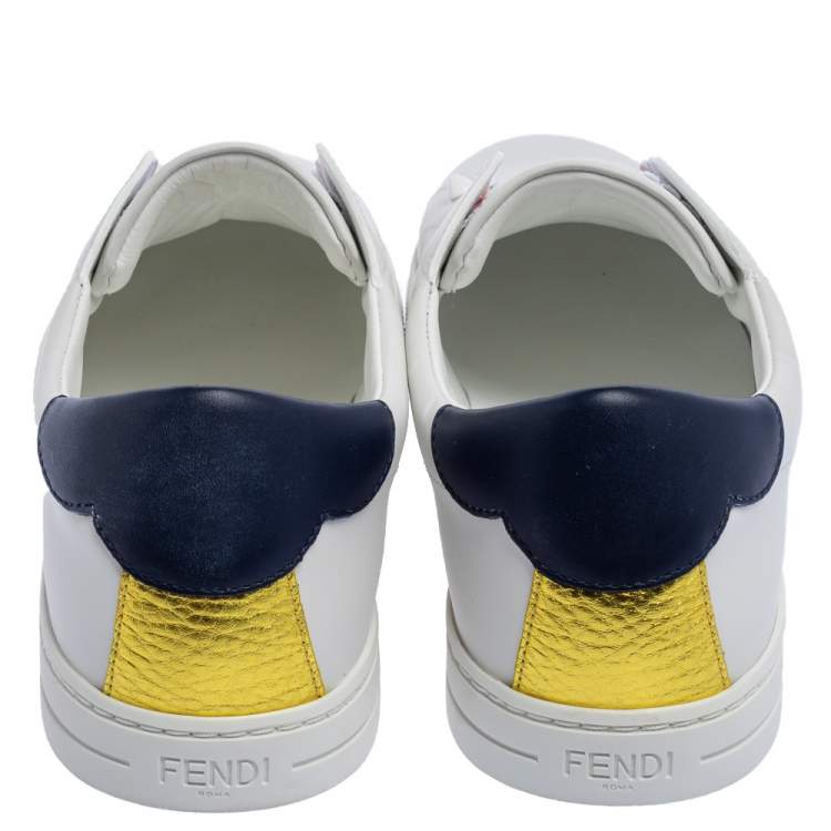 Pre Owned Fendi White Leather With Logo Knit Rockoko Scallop Detail Slip On Sneakers Size 40
