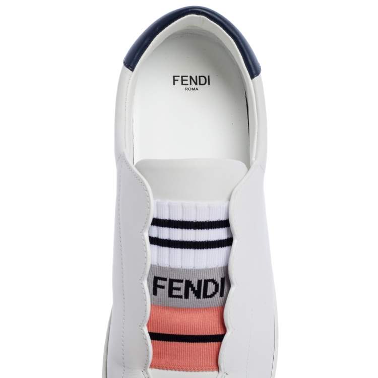Pre Owned Fendi White Leather With Logo Knit Rockoko Scallop Detail Slip On Sneakers Size 40
