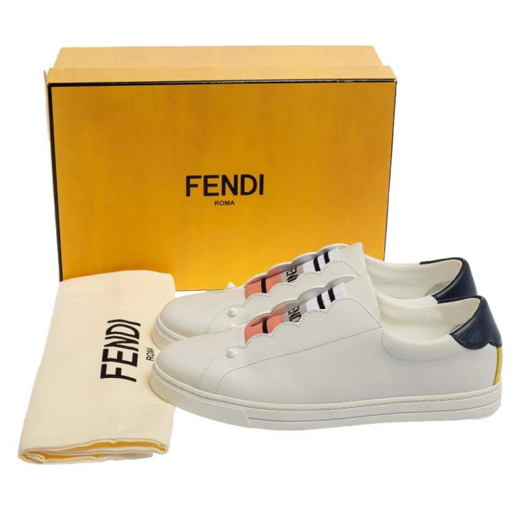 Pre Owned Fendi White Leather With Logo Knit Rockoko Scallop Detail Slip On Sneakers Size 40