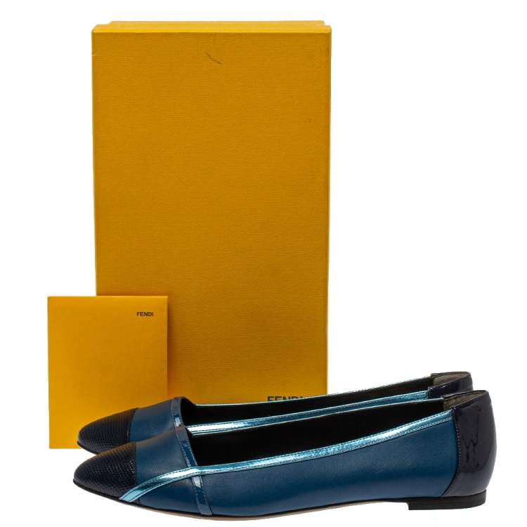 Pre Owned Fendi Blue Patent Leather And Leather Pointed Toe Ballerina Flats Size 38.5