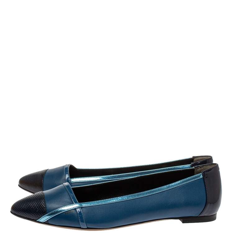 Pre Owned Fendi Blue Patent Leather And Leather Pointed Toe Ballerina Flats Size 38.5