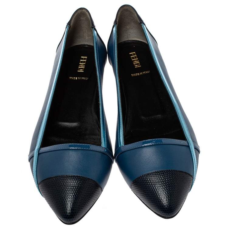 Pre Owned Fendi Blue Patent Leather And Leather Pointed Toe Ballerina Flats Size 38.5