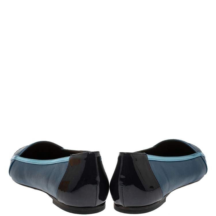 Pre Owned Fendi Blue Patent Leather And Leather Pointed Toe Ballerina Flats Size 38.5