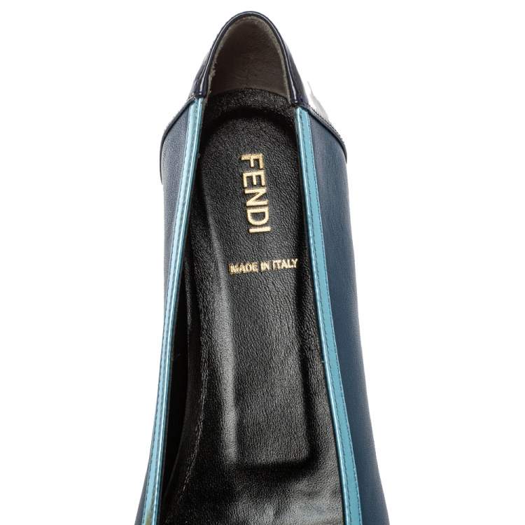 Pre Owned Fendi Blue Patent Leather And Leather Pointed Toe Ballerina Flats Size 38.5