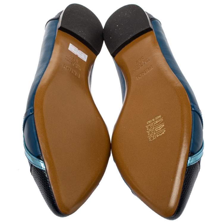 Pre Owned Fendi Blue Patent Leather And Leather Pointed Toe Ballerina Flats Size 38.5