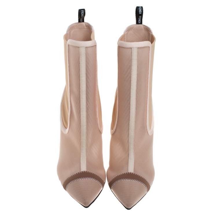 Pre Owned Fendi Nude Pink Mesh And Fabric Colibri Ankle Length Boots Size 39