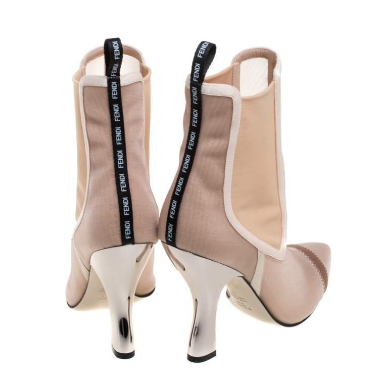 Pre Owned Fendi Nude Pink Mesh And Fabric Colibri Ankle Length Boots Size 39