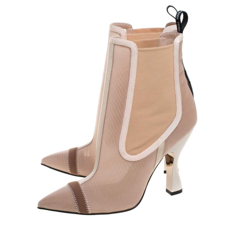 Pre Owned Fendi Nude Pink Mesh And Fabric Colibri Ankle Length Boots Size 39