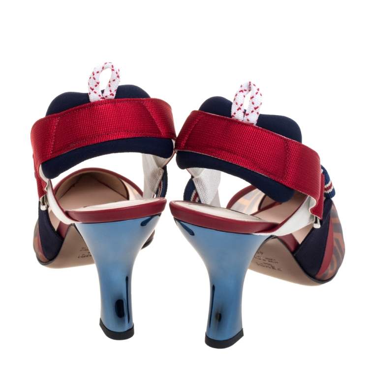 Pre Owned Fendi Multicolor FF Print Mesh And Nylon Colibri Slingback Sandals Size 40
