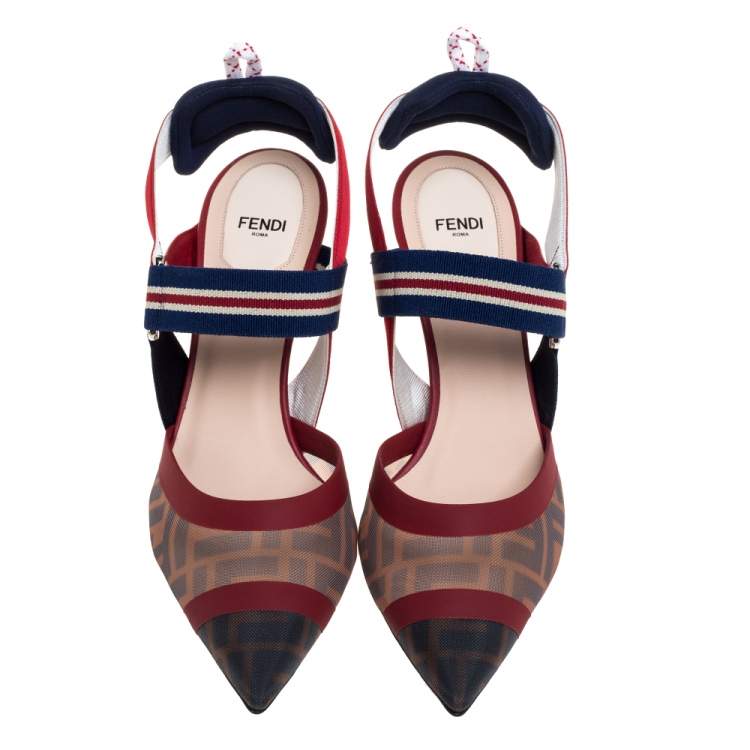 Pre Owned Fendi Multicolor FF Print Mesh And Nylon Colibri Slingback Sandals Size 40
