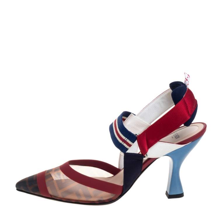 Pre Owned Fendi Multicolor FF Print Mesh And Nylon Colibri Slingback Sandals Size 40
