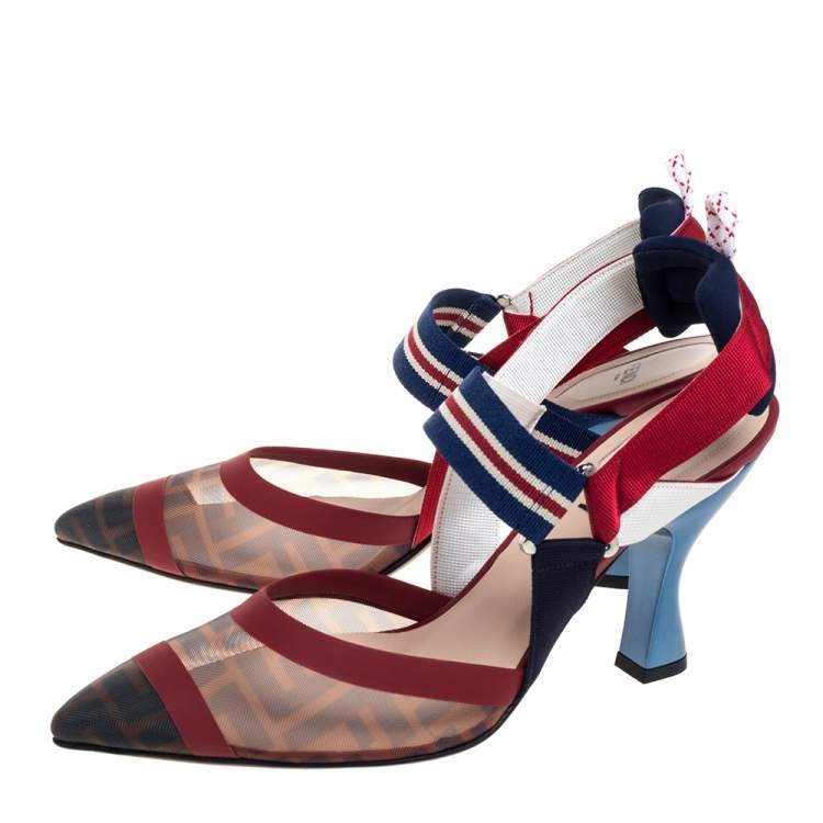 Pre Owned Fendi Multicolor FF Print Mesh And Nylon Colibri Slingback Sandals Size 40