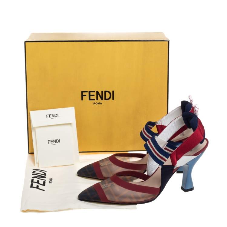 Pre Owned Fendi Multicolor FF Print Mesh And Nylon Colibri Slingback Sandals Size 40