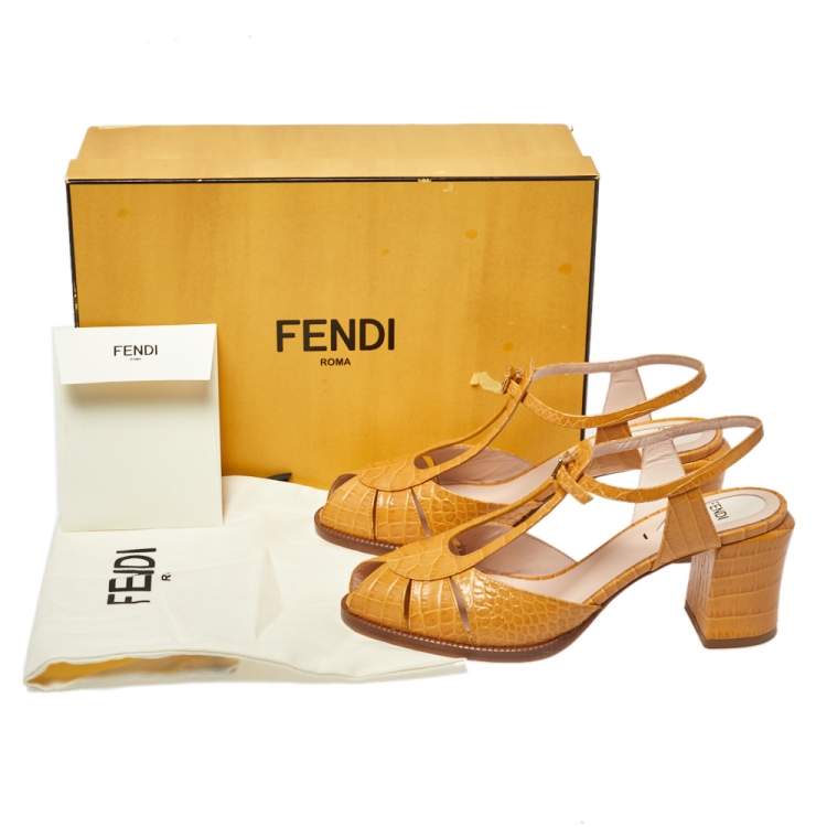Pre Owned Fendi Yellow Croc Embossed Leather Chameleon Block Heel Sandals Size 38