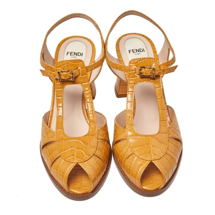 Pre Owned Fendi Yellow Croc Embossed Leather Chameleon Block Heel Sandals Size 38