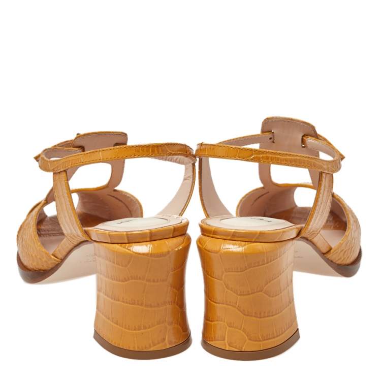 Pre Owned Fendi Yellow Croc Embossed Leather Chameleon Block Heel Sandals Size 38