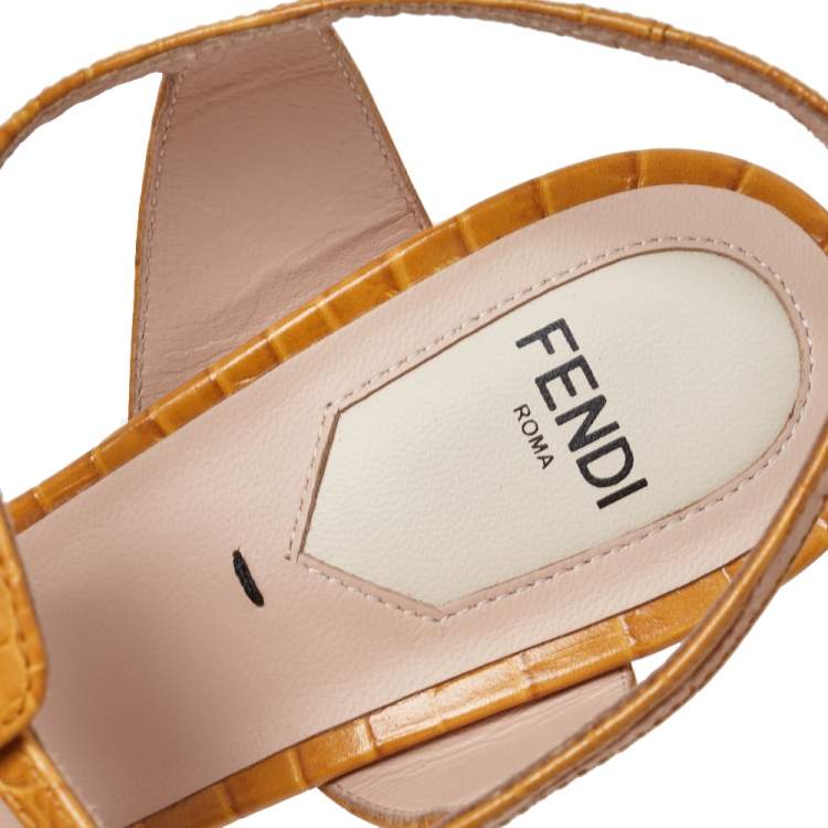 Pre Owned Fendi Yellow Croc Embossed Leather Chameleon Block Heel Sandals Size 38
