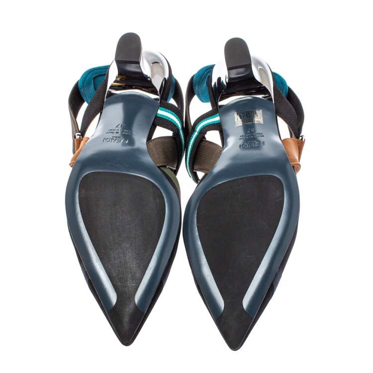 Pre Owned Fendi Multicolor Mesh And Leather Colibri Slingback Sandals Size 37