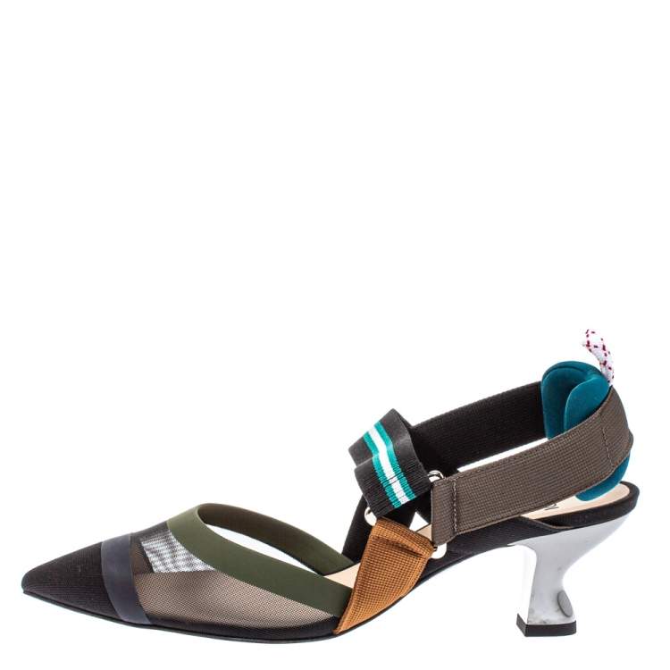 Pre Owned Fendi Multicolor Mesh And Leather Colibri Slingback Sandals Size 37