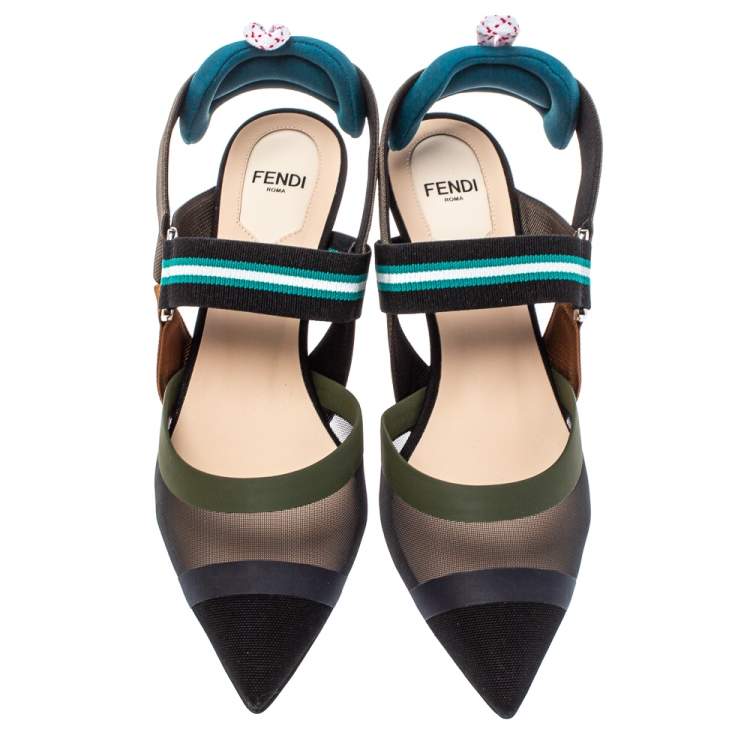 Pre Owned Fendi Multicolor Mesh And Leather Colibri Slingback Sandals Size 37