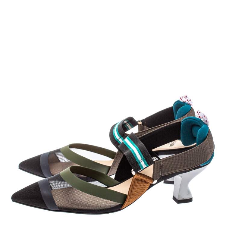 Pre Owned Fendi Multicolor Mesh And Leather Colibri Slingback Sandals Size 37