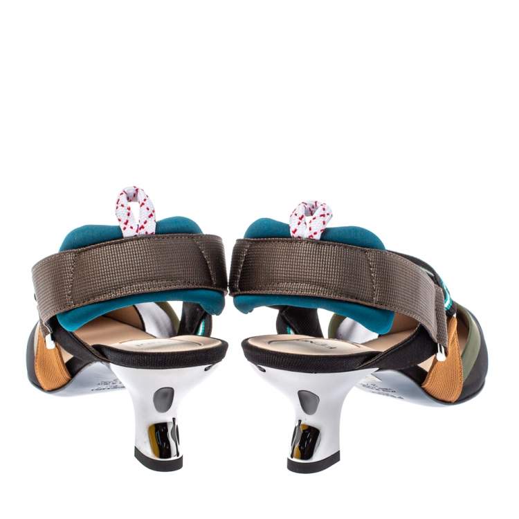 Pre Owned Fendi Multicolor Mesh And Leather Colibri Slingback Sandals Size 37