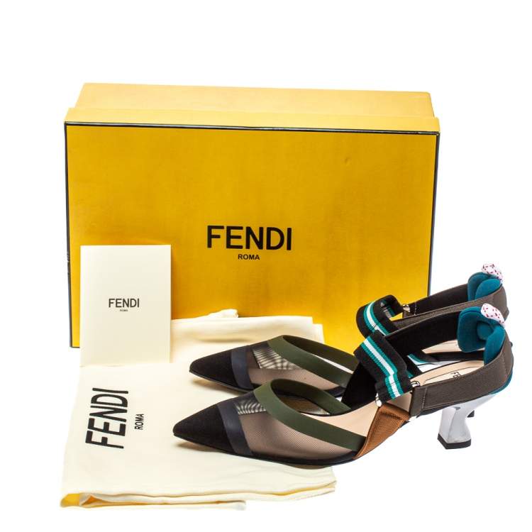 Pre Owned Fendi Multicolor Mesh And Leather Colibri Slingback Sandals Size 37