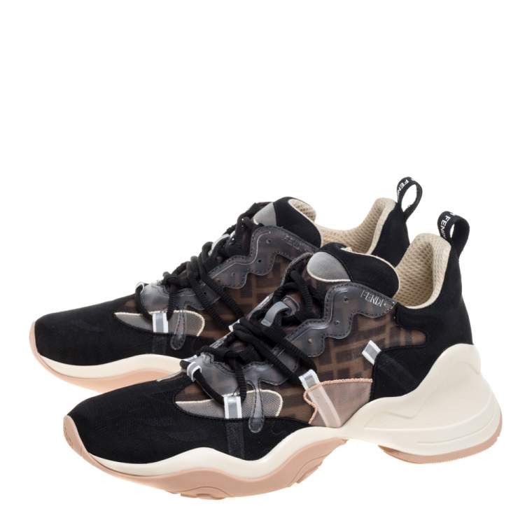 Pre Owned Fendi Black/Brown Zucca Mesh Ffluid Lace Up Sneakers Size 40