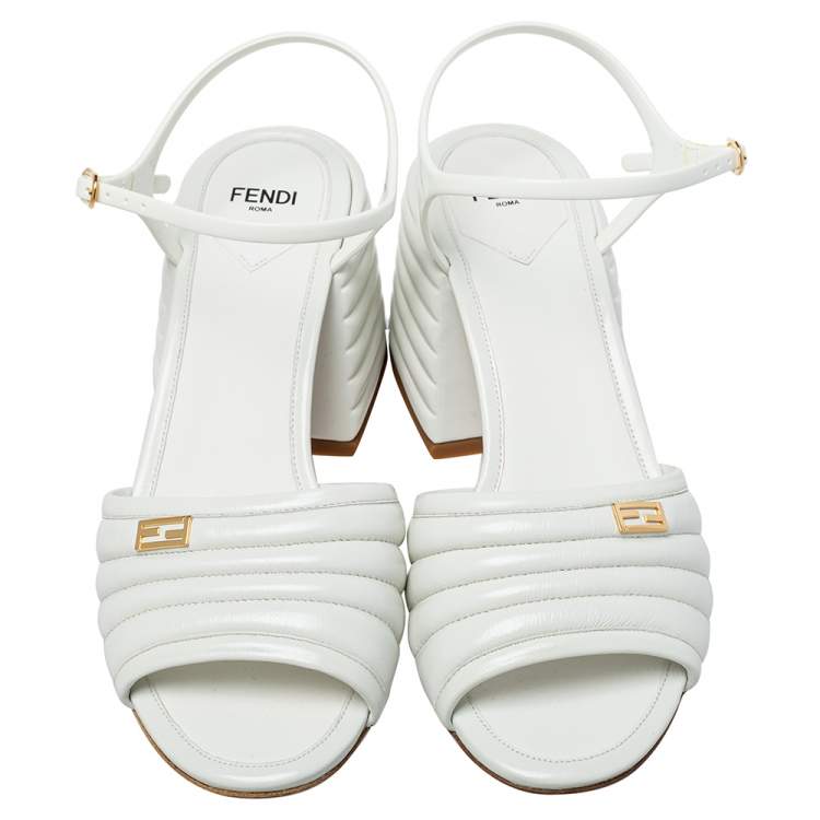 Pre Owned Fendi White Leather Logo Embellished Sandals Size 38