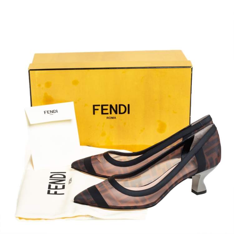 Pre Owned Fendi Black /Brown FF Printed Mesh And Leather Trim Colibri Pointed Toe Pumps Size 37