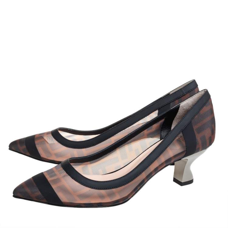 Pre Owned Fendi Black /Brown FF Printed Mesh And Leather Trim Colibri Pointed Toe Pumps Size 37