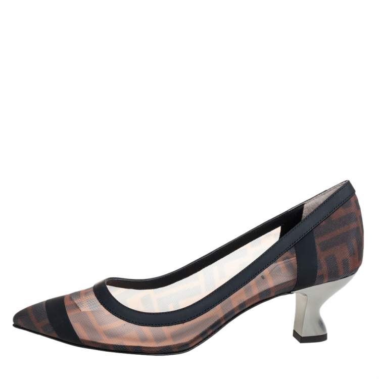 Pre Owned Fendi Black /Brown FF Printed Mesh And Leather Trim Colibri Pointed Toe Pumps Size 37