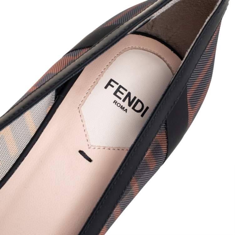 Pre Owned Fendi Black /Brown FF Printed Mesh And Leather Trim Colibri Pointed Toe Pumps Size 37