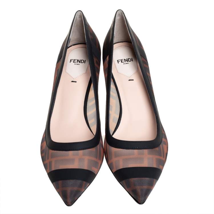 Pre Owned Fendi Black /Brown FF Printed Mesh And Leather Trim Colibri Pointed Toe Pumps Size 37