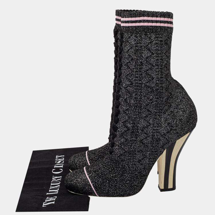 مملوكة مسبقًا Fendi Black/Silver Lurex And Knit Fabric Sock Ankle Boots Size 39