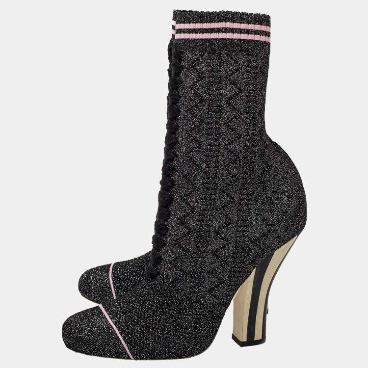 مملوكة مسبقًا Fendi Black/Silver Lurex And Knit Fabric Sock Ankle Boots Size 39