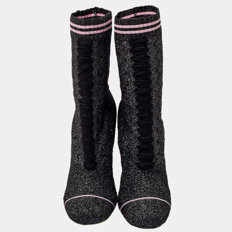 مملوكة مسبقًا Fendi Black/Silver Lurex And Knit Fabric Sock Ankle Boots Size 39
