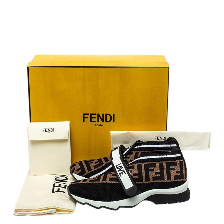 Pre Owned Fendi Brown/Black Knit Fabric And Rubber Strap Rockoko Sneakers Size 35