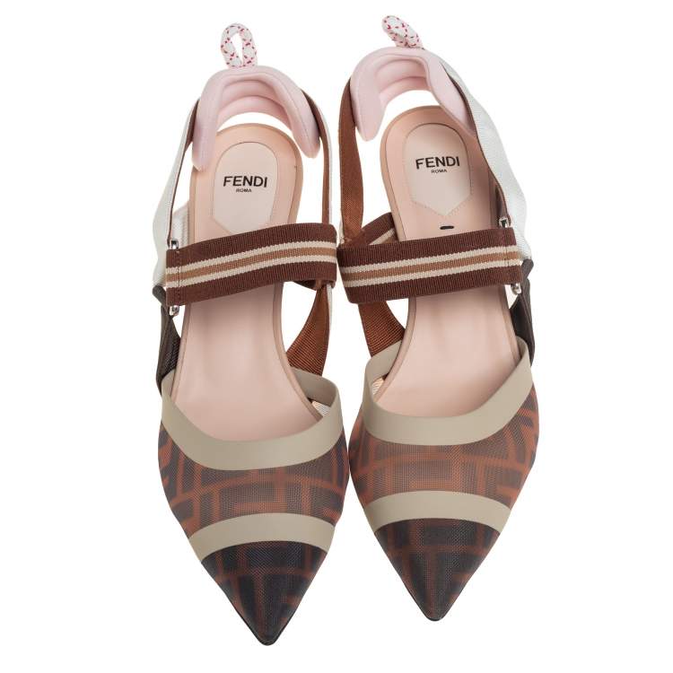 Pre Owned Fendi Black/Brown Mesh And Leather Colibri Slingback Pumps Size 40