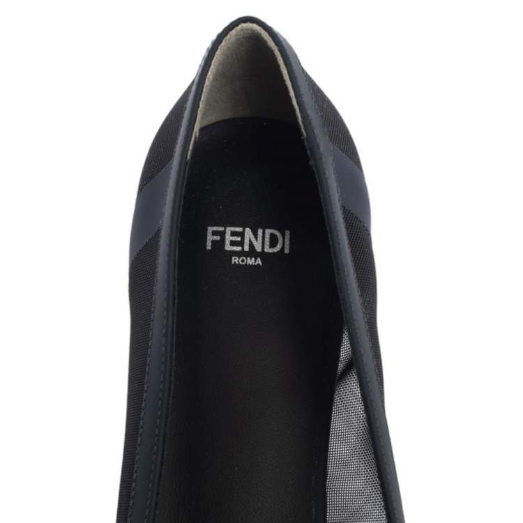 Pre Owned Fendi Black/Blue Mesh And Leather Flats Size 38.5