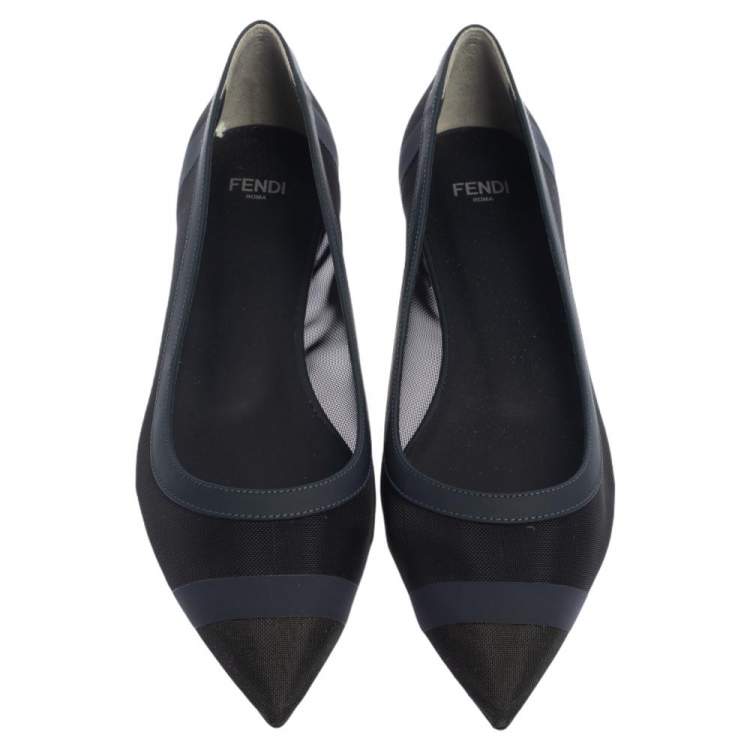 Pre Owned Fendi Black/Blue Mesh And Leather Flats Size 38.5