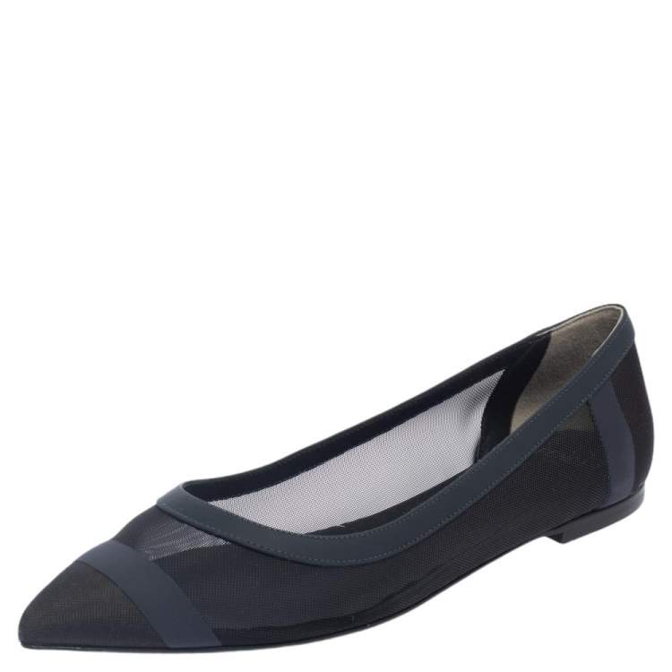 Pre Owned Fendi Black/Blue Mesh And Leather Flats Size 38.5