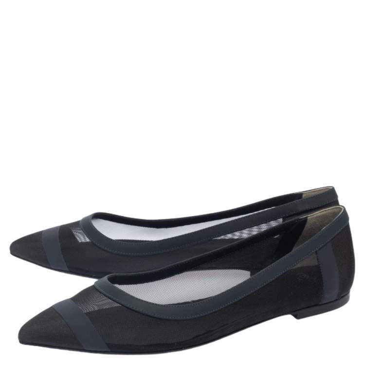 Pre Owned Fendi Black/Blue Mesh And Leather Flats Size 38.5